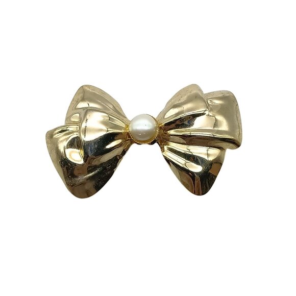 Vintage Classy Bow Brooch with Faux Pearl Cabochon, Polished Gold Tone Lapel Pin - Picture 1 of 3